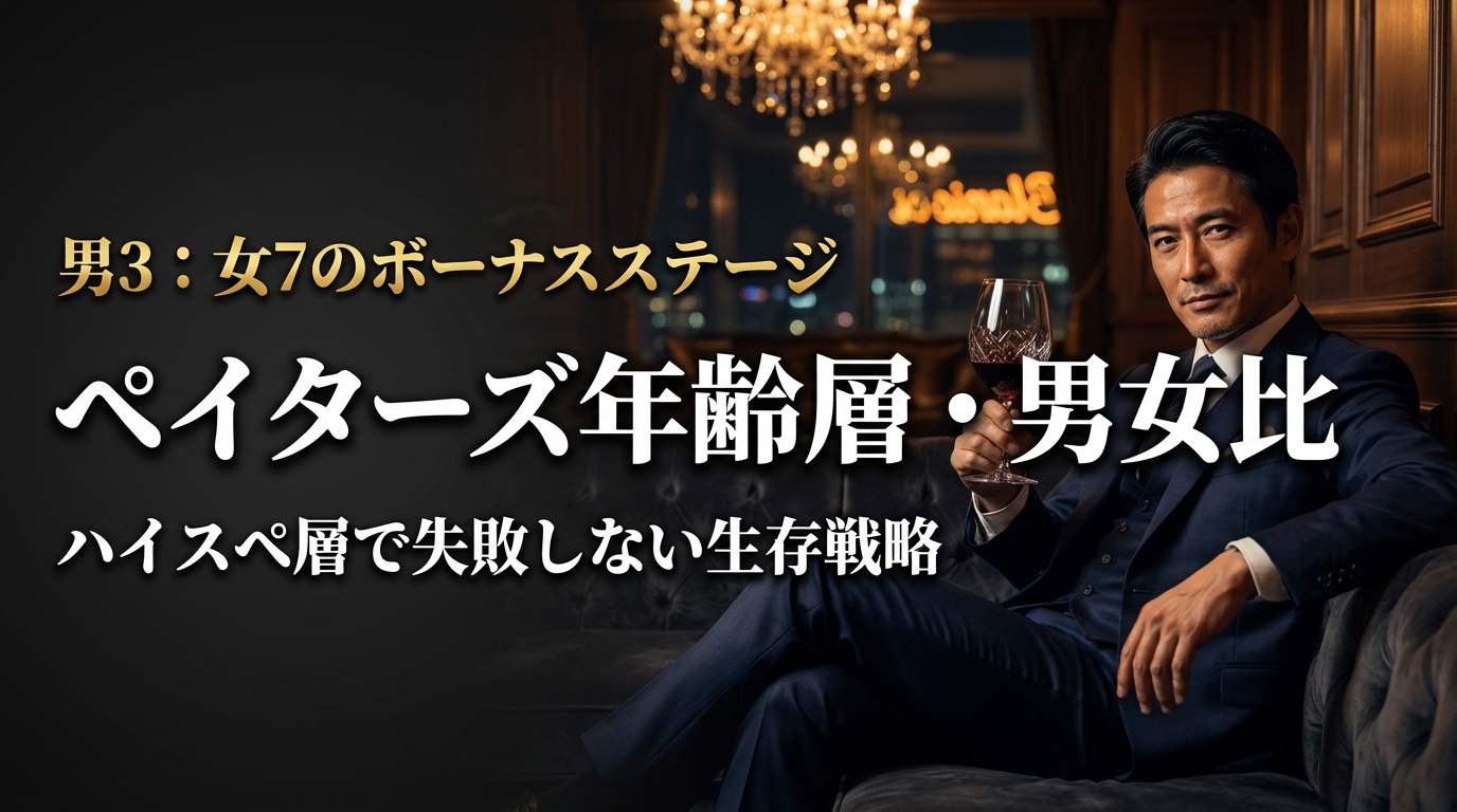 高級ラウンジでワイングラスを持つダークスーツの男性。ペイターズの年齢層と男女比を解説しハイスペ層の生存戦略を伝えるアイキャッチ画像。