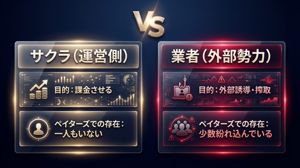 ペイターズにおけるサクラと業者の違いを示す比較表。サクラは運営側でペイターズには存在しないが、業者は外部勢力であり少数紛れ込んでいることを解説。
