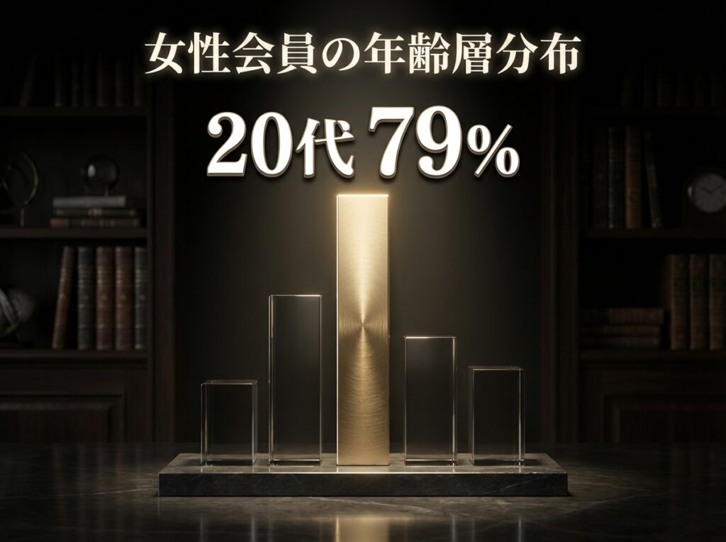 ペイターズの女性会員の年齢層分布を示す棒グラフ。20代が79%と圧倒的多数を占めていることを表す図解。