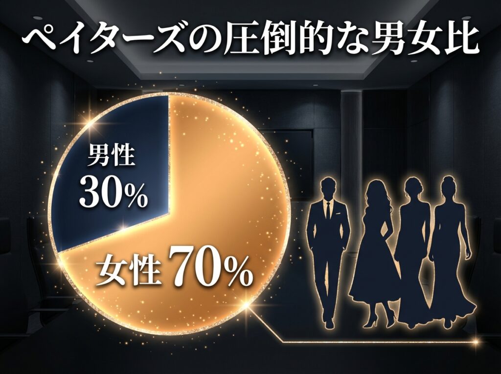 ペイターズの男女比を示す円グラフ。女性が70%、男性が30%を占め、男性1人に対して女性が約2.3人いることを示す図解。