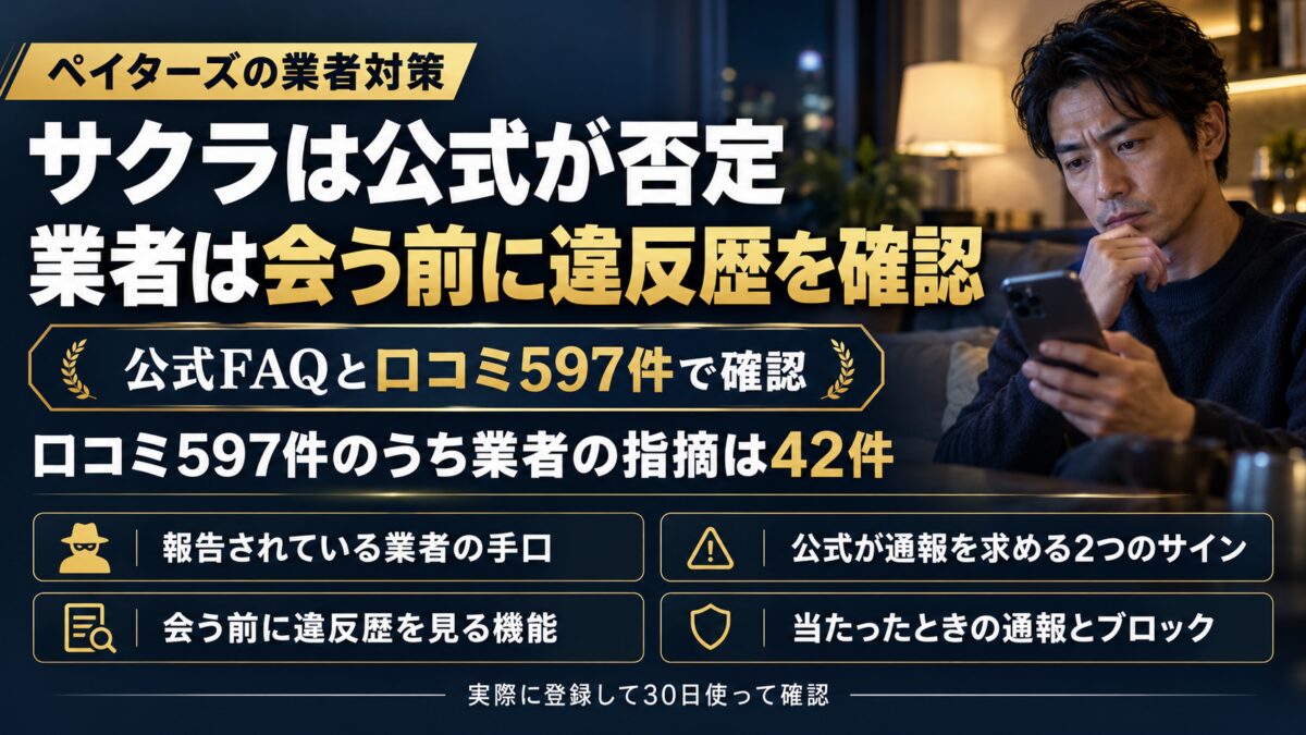 夜の部屋でスマホを確かめる男性と「サクラは公式が否定」「業者は会う前に違反歴を確認」の文字。報告されている業者の手口・公式が通報を求める2つのサイン・会う前に違反歴を見る機能・当たったときの通報とブロック