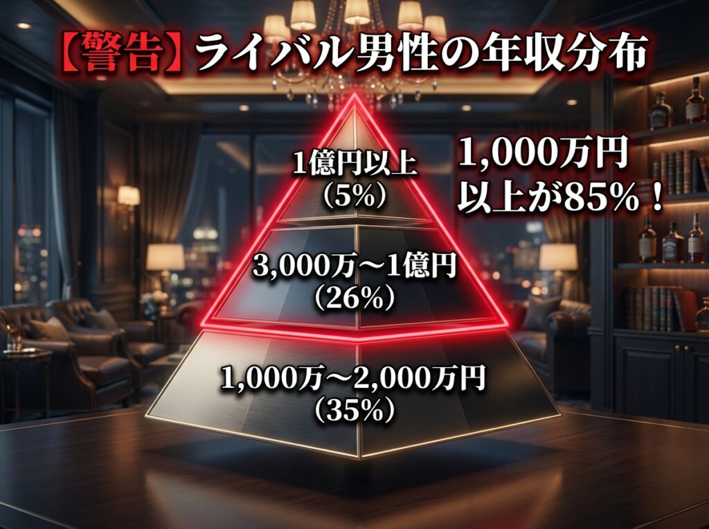 ペイターズの男性会員の年収分布を示すピラミッド型グラフ。年収1000万円以上の層が全体の85%を占めることを示す図解。