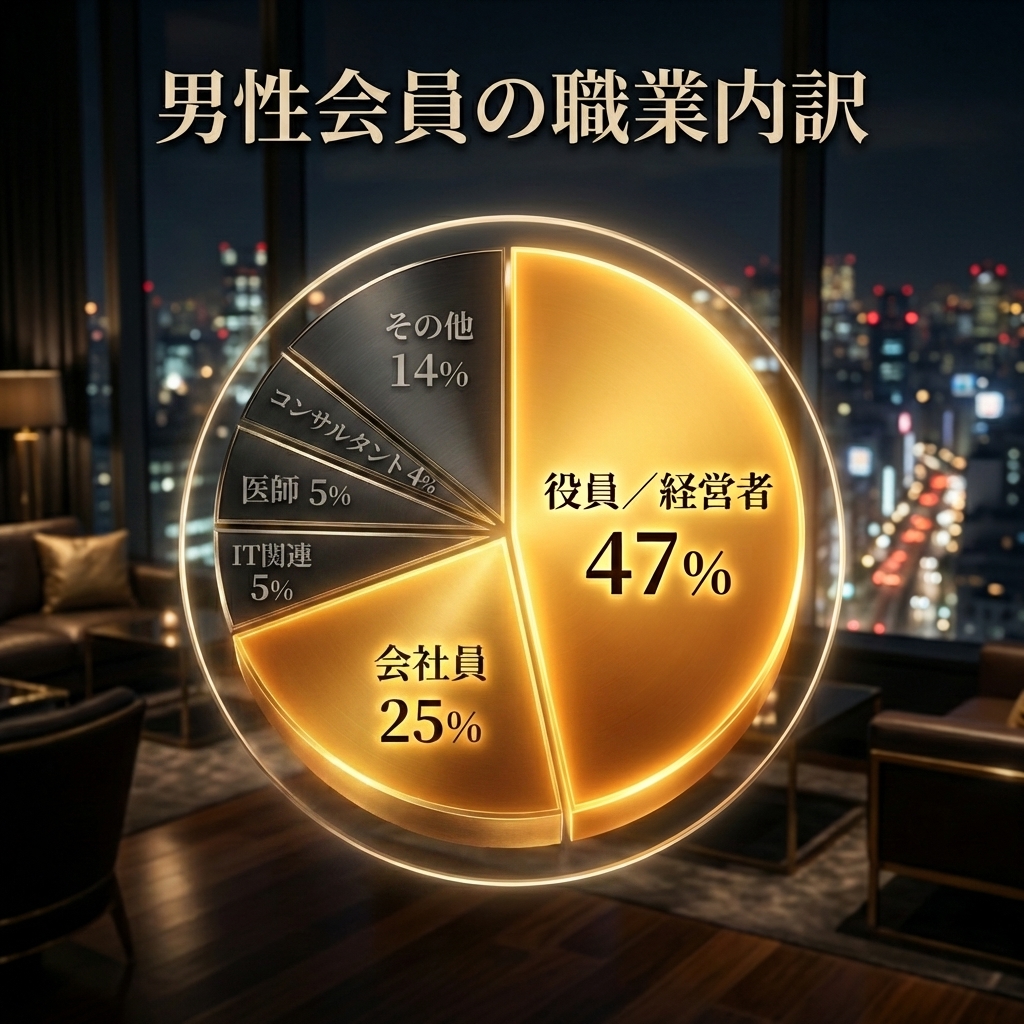 ペイターズの男性会員の職業割合を示す円グラフ。役員や経営者が全体の47%を占めていることを示す図解。