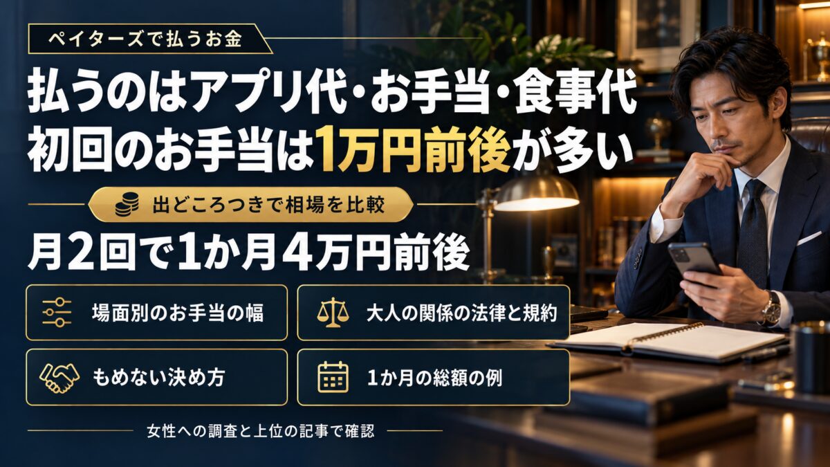 スマホと手帳で予算を考える男性と「払うのはアプリ代・お手当・食事代」「初回のお手当は1万円前後が多い」の文字。場面別のお手当の幅・大人の関係の法律と規約・もめない決め方・1か月の総額の例