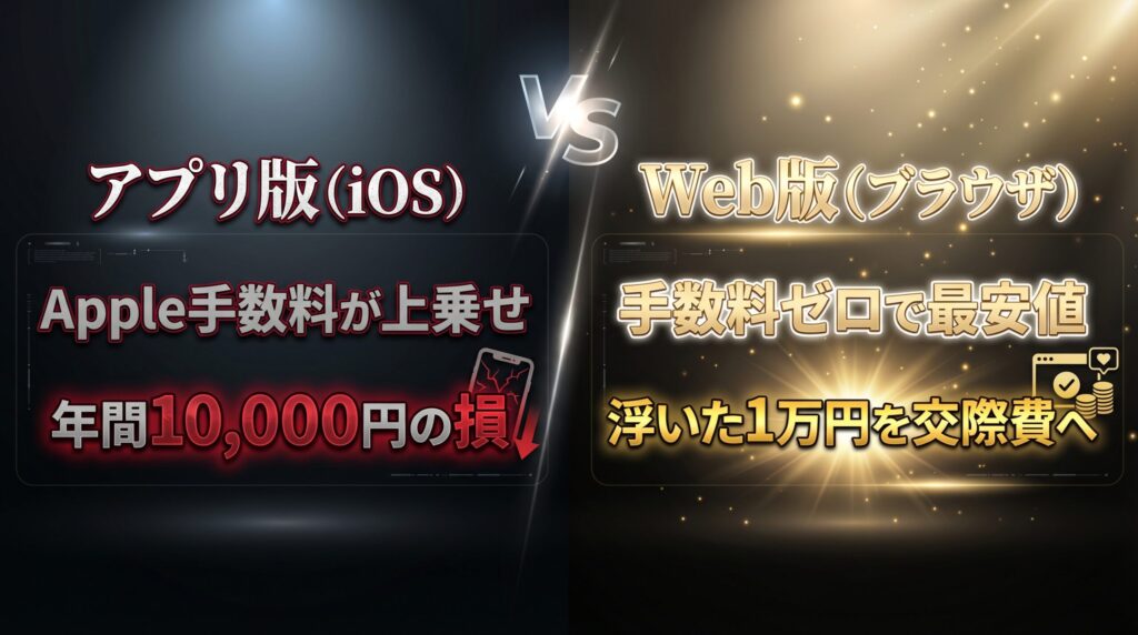 ペイターズのアプリ版とWeb版の料金比較図解。アプリ版はApple手数料で年間10,000円損をし、Web版がお得であることを示している。