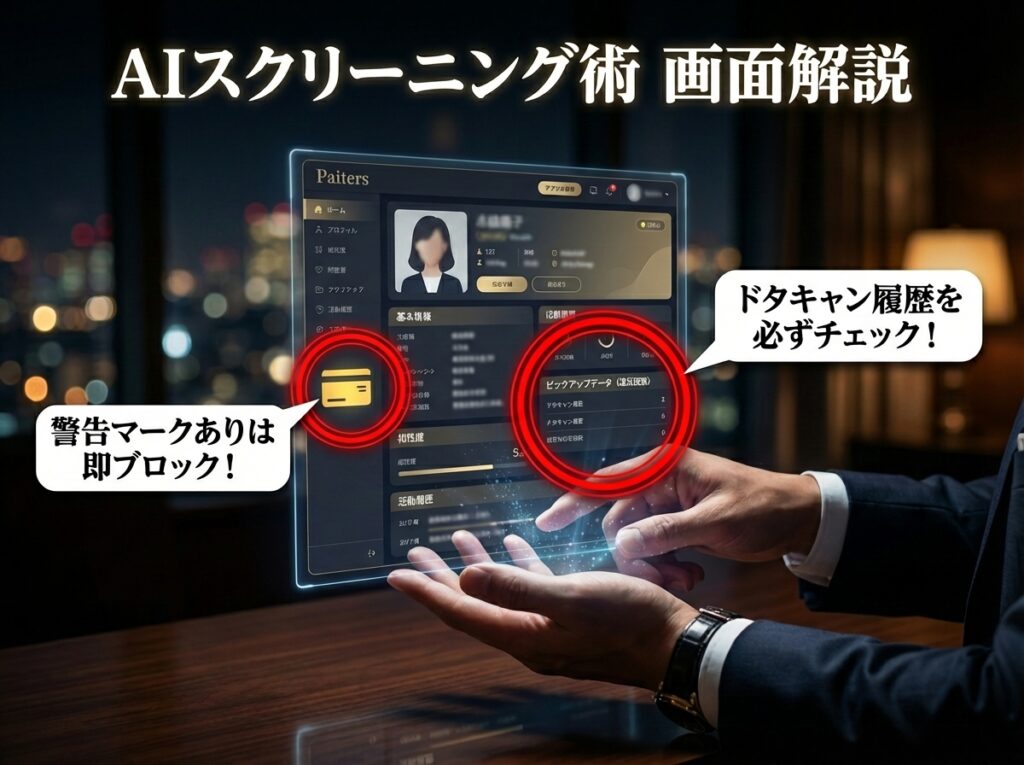 ペイターズのプロフィール画面で地雷ユーザーを見抜く方法の図解。イエローカードとピックアップデータの確認箇所を赤枠で示している。