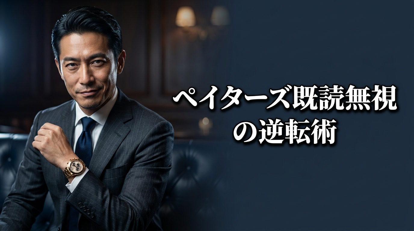 ペイターズで既読無視される悩みを解決するエグゼクティブ向けメッセージ戦略。スーツ姿の日本人男性が余裕の笑みを浮かべる。