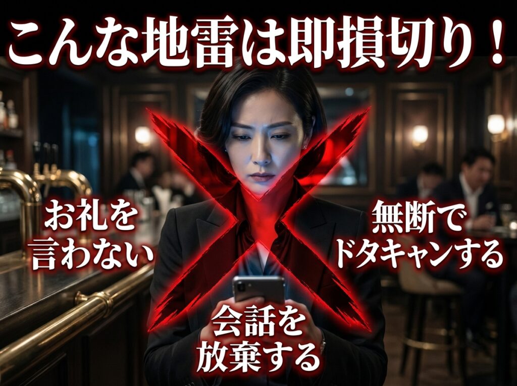 即座に損切りすべき地雷女性の特徴。お礼を言わない、会話を放棄する、ドタキャンするといった時間と資金を無駄にする女性への警告図解。