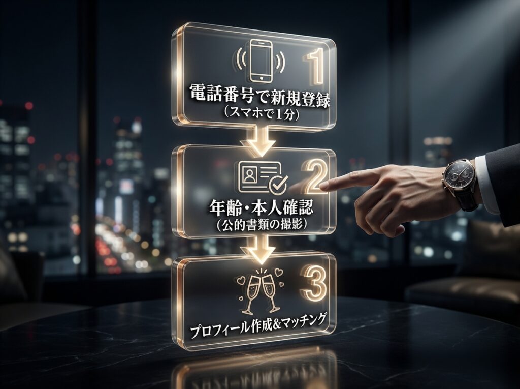 ペイターズの登録からマッチングまでの3ステップ手順。電話番号での新規登録、本人確認、プロフィール作成の流れを図解している。