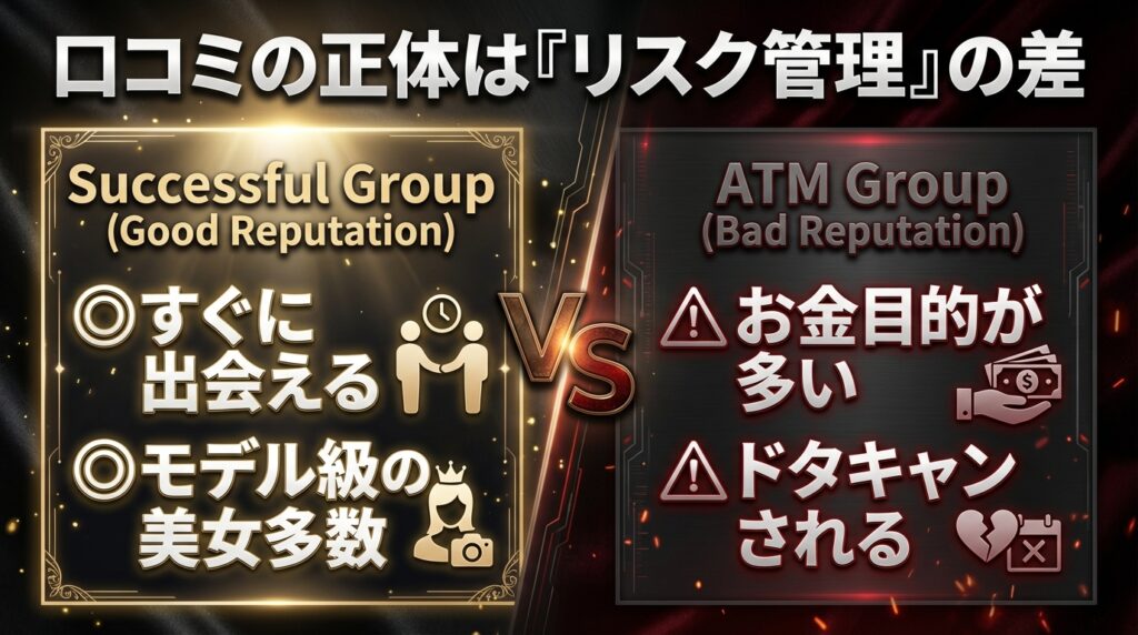 ペイターズの口コミを比較した表。すぐに出会えるといった成功層の良い評判と、お金目的が多いといったATM層の悪い評判を対比させている。