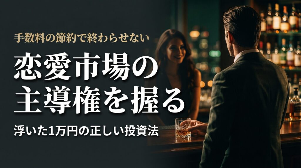 夜のバーでグラスを傾ける男性と隣で微笑む女性のシルエット。ペイターズWeb版で浮いたお金を美女攻略のための初期テスト費用に回す投資対効果の考え方を解説する画像。