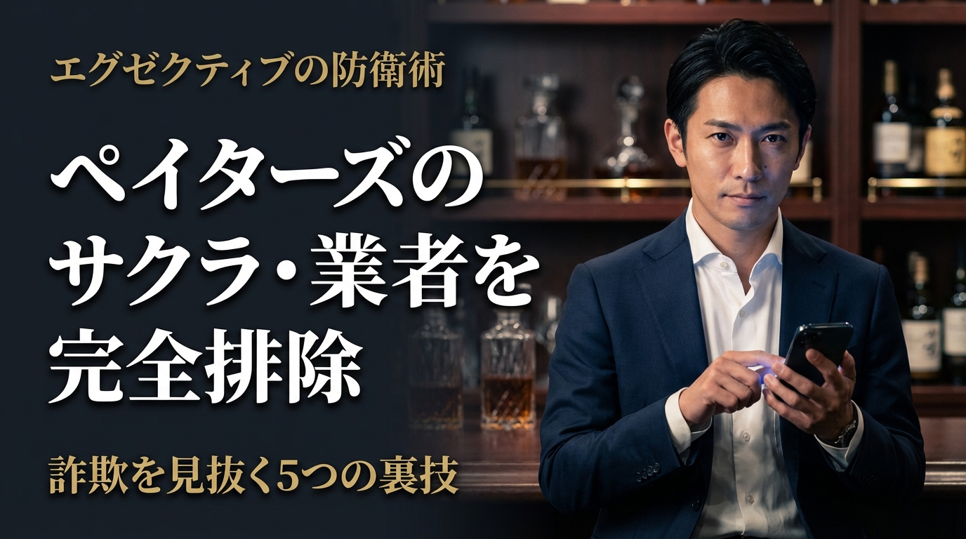 薄暗い高級バーでスマートフォンを操作するダークスーツの男性。ペイターズの業者や詐欺を見抜く裏技を解説する記事のアイキャッチ画像。