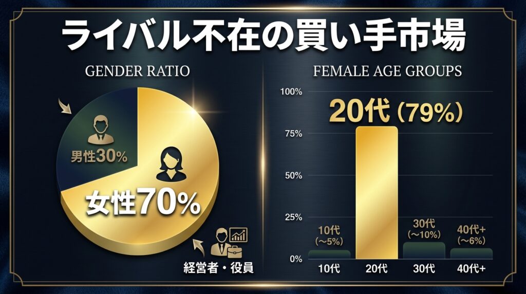 ペイターズの会員データを示すグラフ。男女比が男性3対女性7、女性会員の約80%が20代であることを示し、圧倒的な買い手市場であることを表している。