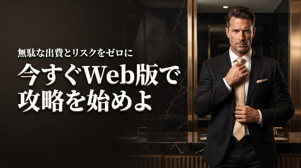 自信に満ちた表情でネクタイを締め直すエグゼクティブ男性。無駄な出費と身バレリスクを防ぐペイターズWeb版の利用を強力に後押しするまとめ画像。