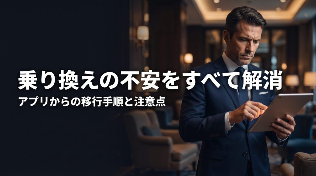 タブレットを操作するダークスーツの男性。ペイターズのアプリ版からWeb版への乗り換えや解約に関するよくある質問と回答を示す画像。