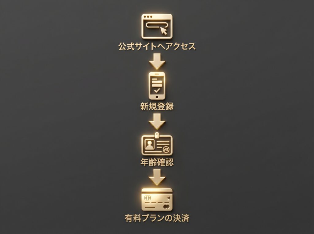 ペイターズWeb版の登録から決済までの4ステップを示すフロー図。公式サイトへのアクセス、新規登録、年齢確認、有料決済の流れ。