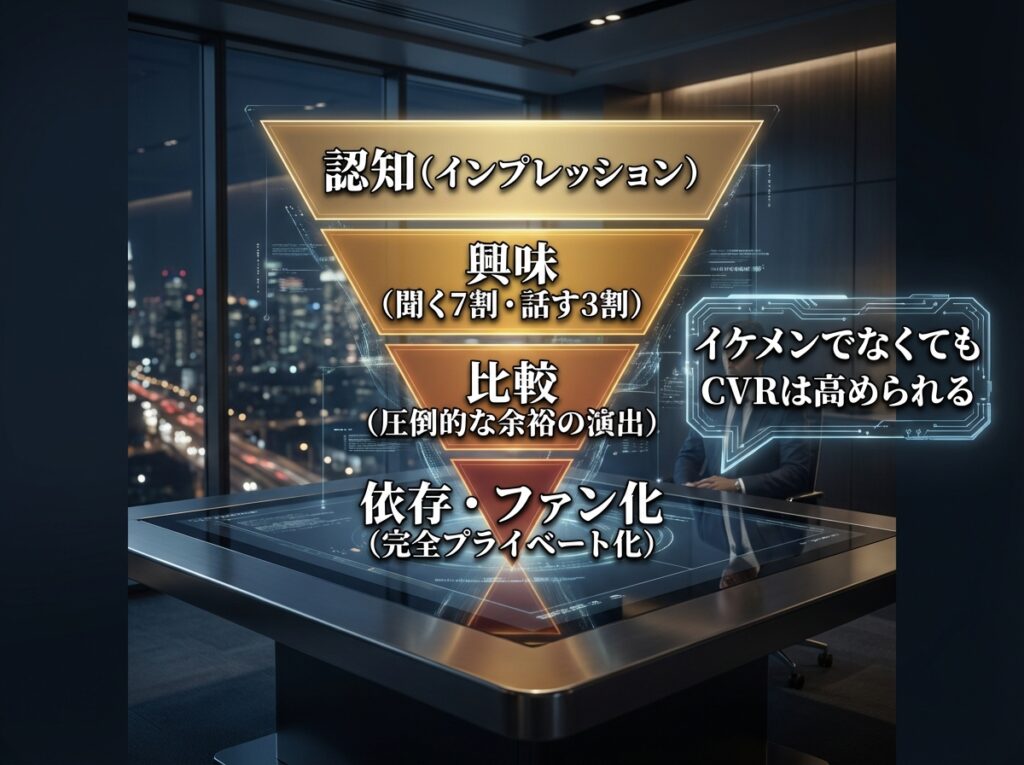 S級美女を依存させる恋愛マーケティングファネルの図解。認知、興味、比較、ファン化へと進む論理的な関係逆転のプロセスを示している。