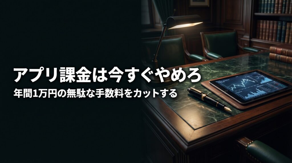 重厚なデスクに置かれたタブレット端末と万年筆。ペイターズのアプリ課金によるApple手数料の損失を防ぐよう促す画像。