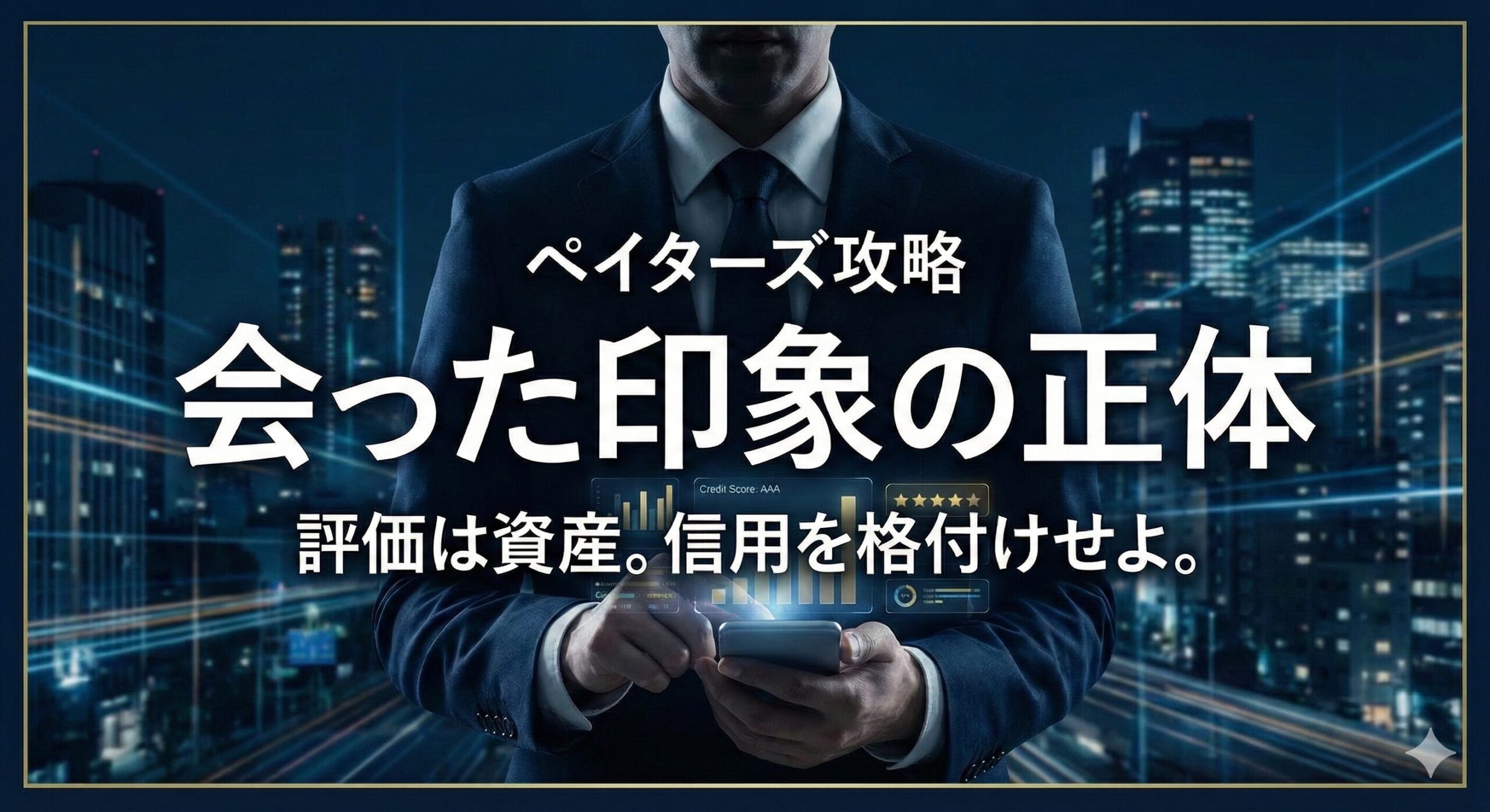 ペイターズの「会った印象」攻略記事のアイキャッチ。富裕層男性がデジタルな信用スコアを操作し、女性からの評価を管理しているイメージ。