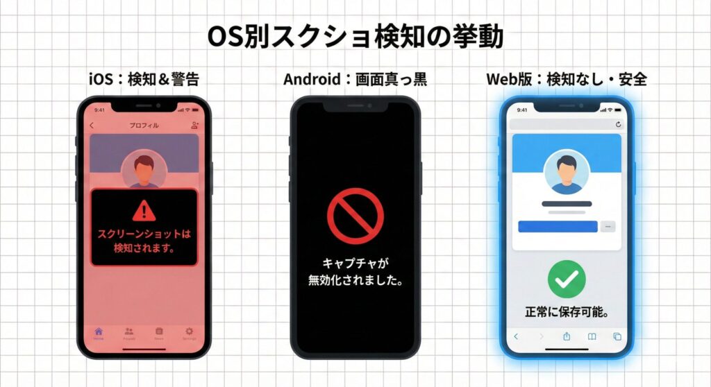 ペイターズのスクリーンショット検知仕様のOS別比較図。iOSは警告表示、Androidは画面暗転、Web版は検知なしで安全であることを示す比較表。