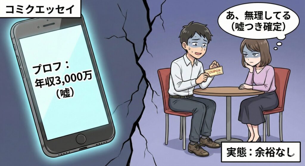 ペイターズで年収の嘘をついてもデート時の振る舞いや服装で見抜かれる様子。プロフィールの乖離による信頼失墜。