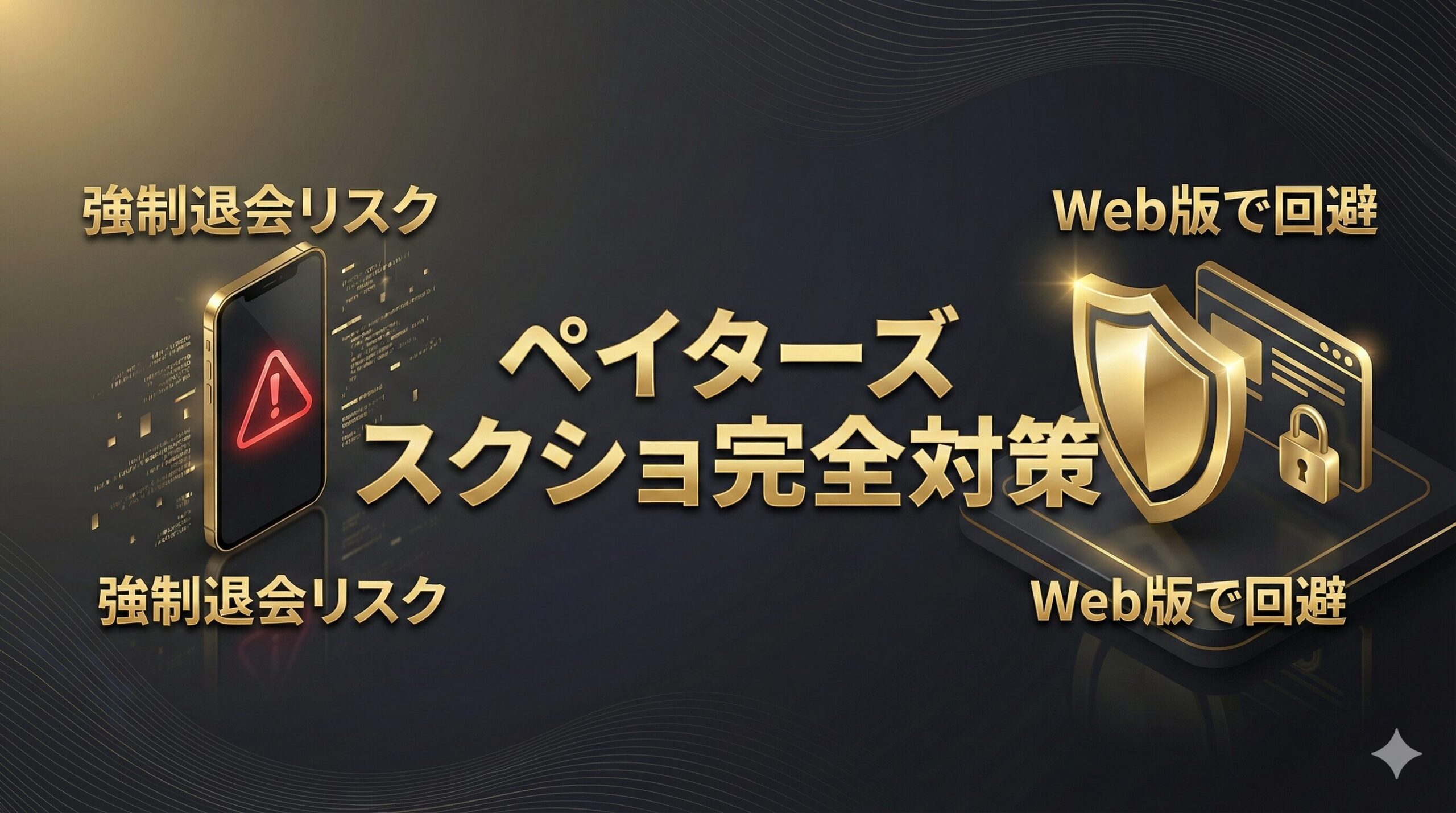 ペイターズのスクショ検知と強制退会リスクを回避する完全攻略ガイドのアイキャッチ画像。スマホの警告画面と安全なWeb版ログインを対比。