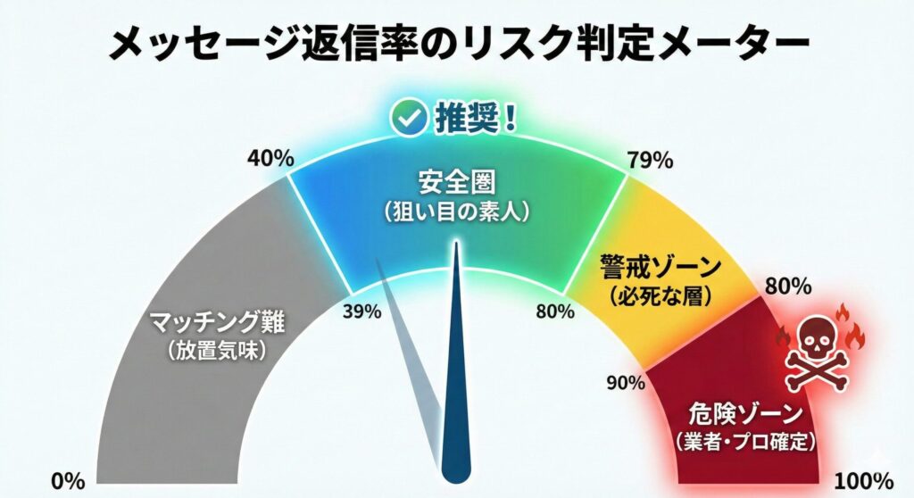 ペイターズのメッセージ返信率から判断する「業者危険ゾーン(90%以上)」と「素人安全ゾーン(40-79%)」を示す判定メーターの図解。