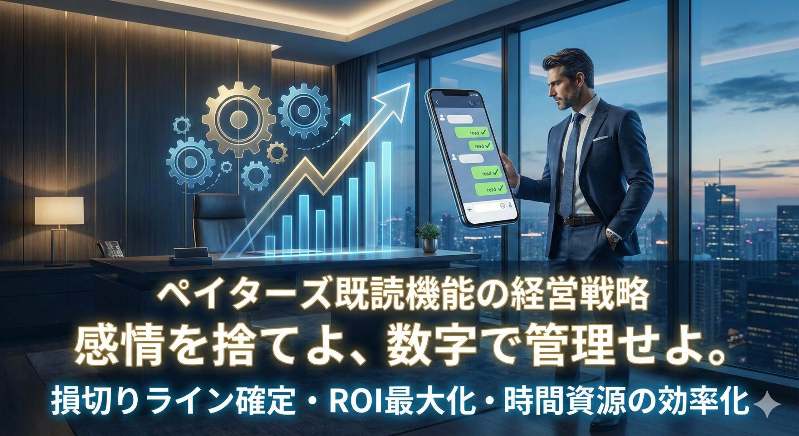 ペイターズの既読機能を経営戦略として活用するイメージ。高級なオフィスでスマートフォンを持ち、冷静にデータ分析を行うスーツ姿の男性経営者。背景にはデジタルなグラフや「損切り」「ROI」といった文字が浮かび上がり、感情ではなく論理でパパ活を管理する様子を表現。