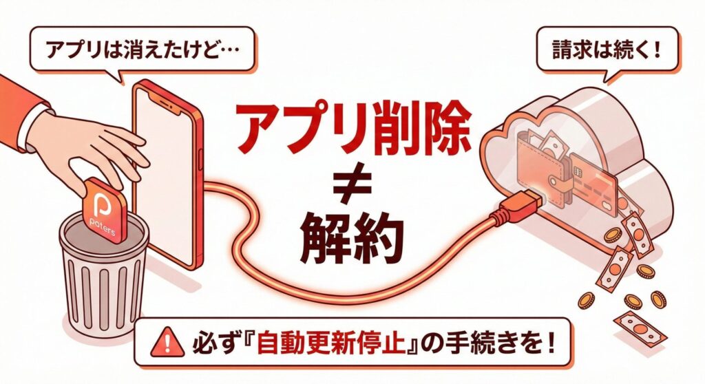 ペイターズはアプリをアンインストールしても課金が続く仕組みの図解。スマホからアイコンを消してもサーバーとの契約は切れない警告図。