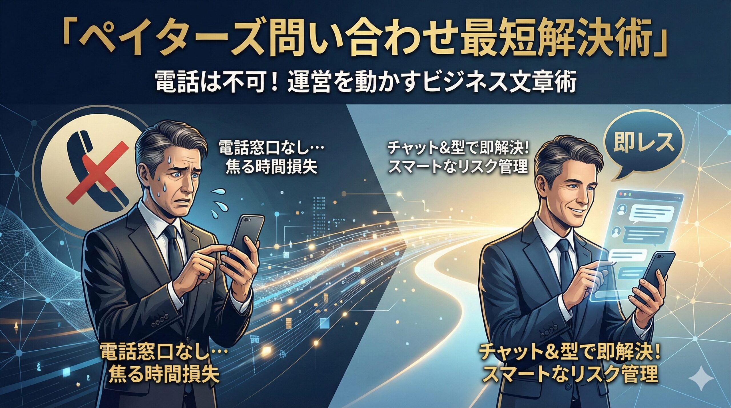 ペイターズ問い合わせ最短解決ガイドのアイキャッチ画像。電話不可の現実とチャット活用による時短解決を、高級スーツを着たビジネスマンのイラストで表現。