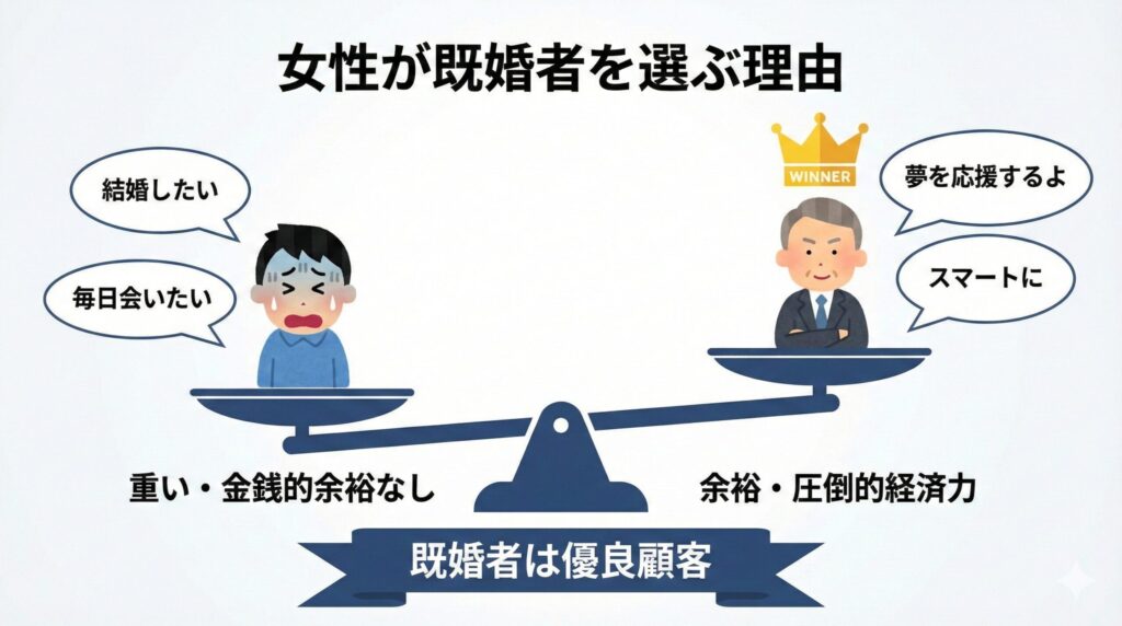 パパ活女子が既婚者男性を選ぶ理由の比較図。独身男性の重さと比較し、既婚者の経済力と割り切った関係の良さを強調。