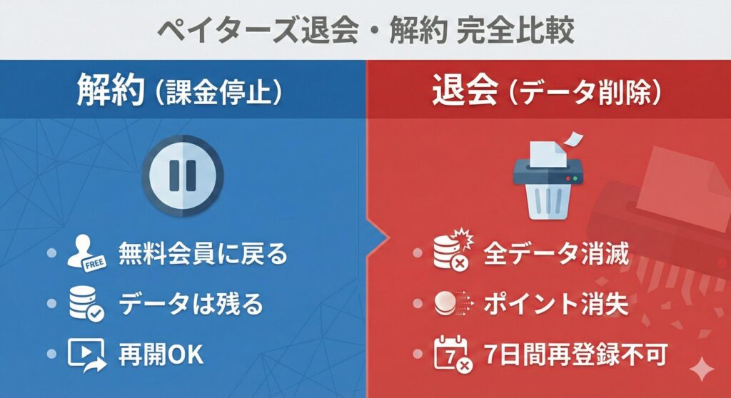 ペイターズにおける解約（課金停止）と退会（アカウント削除）の違いを比較した図解。解約はデータが残るが、退会は全て消える仕組み。