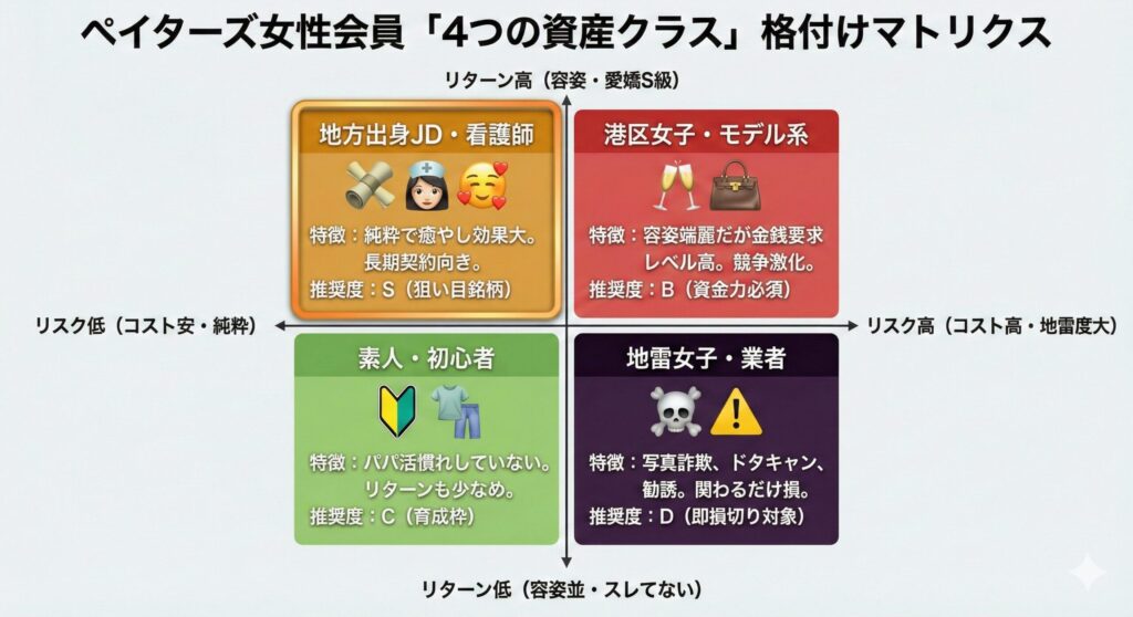 ペイターズの女性会員をリスクとリターンの2軸で分類した4象限マトリクス図。港区女子、地方出身JD、素人・初心者、地雷・業者の4タイプの特徴と推奨度を視覚化。