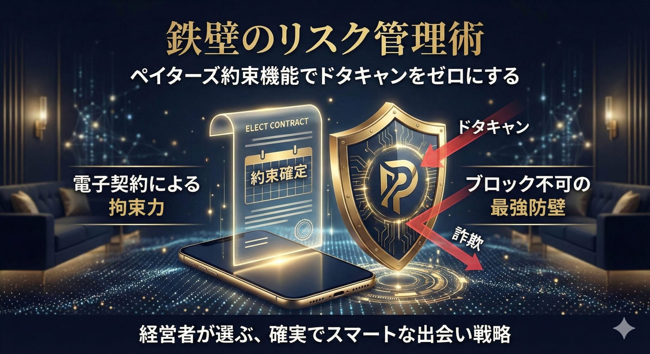 ペイターズの約束機能を活用した、経営者のためのドタキャン防止とリスク管理戦略のイメージ図。電子契約書と盾のモチーフ。