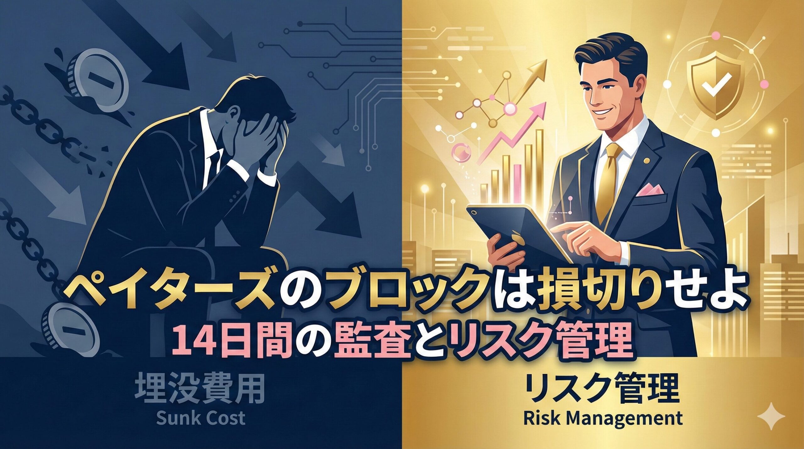 ペイターズでブロックされた際の対策をビジネスの損切り戦略になぞらえたイメージ図。スーツを着た男性がデータを見ながらリスク管理を行っている様子。