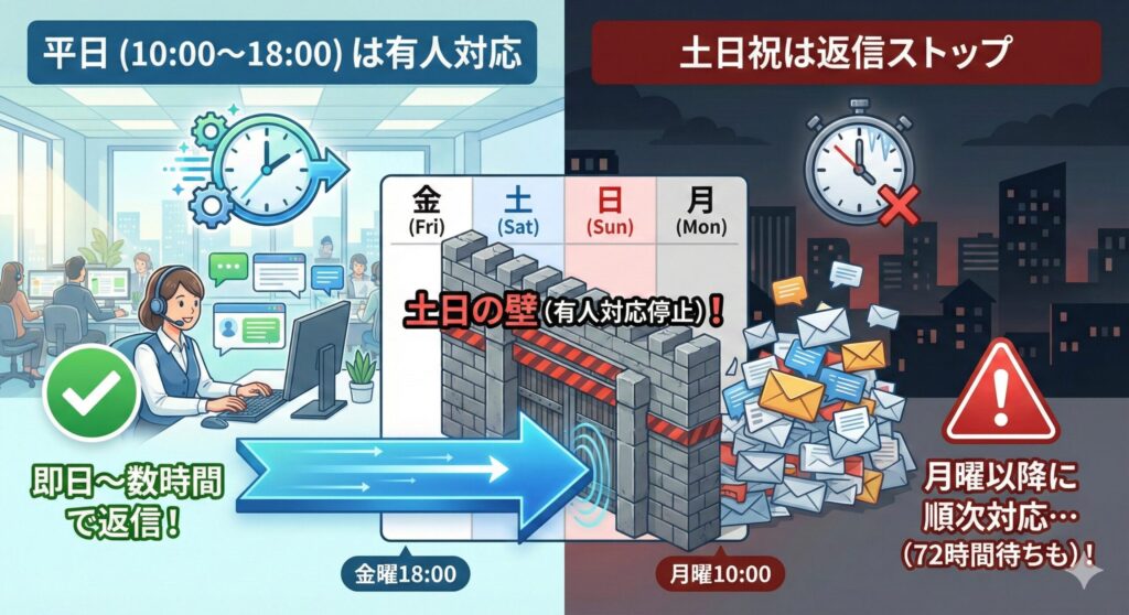 ペイターズ問い合わせ返信時間の平日と土日の違いを示す図解。平日は有人対応で早いが、土日祝は月曜まで返信が滞留する「土日の壁」をカレンダーと時計で表現。