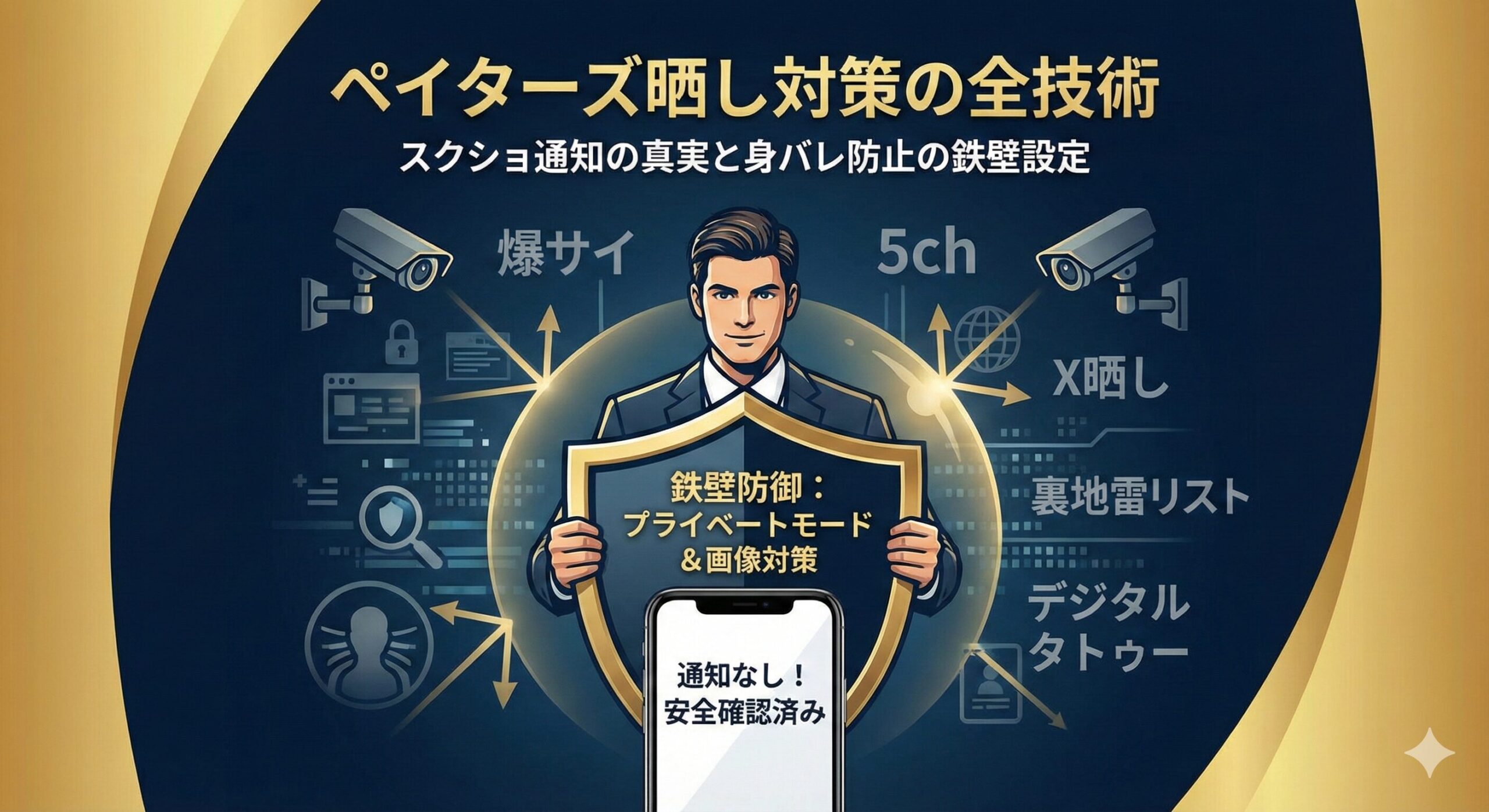 ペイターズの晒しリスクから身を守る鉄壁の防御設定とスクショ通知の真実。スーツ姿の男性がデジタルタトゥーの脅威から盾で守られているイメージ図。