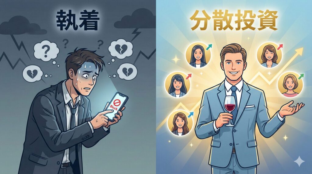 1人の女性に執着して精神的に消耗する男性(左)と、複数の候補を持ち余裕のある戦略的な男性(右)を対比した概念イラスト。ポートフォリオ戦略の重要性を表現。