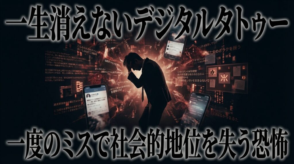 頭を抱えるスーツの男性のシルエットと無数の文字ノイズ。ネットの裏掲示板で実名や顔が晒されるデジタルタトゥーの恐怖を示すイメージ図解。