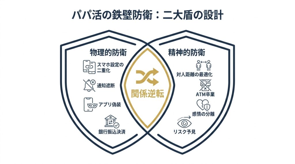 物理的防衛と精神的防衛の二大盾でパパ活の身バレを完全に防ぐ図解