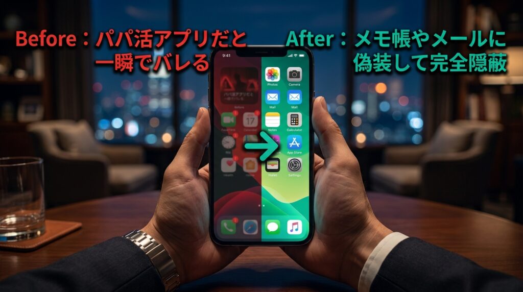 ペイターズのアプリアイコンを偽装する前と後の比較画像。目立つピンクのアイコンが、設定によってメモ帳やメールアプリの見た目に変わり身バレを防げることを示している。