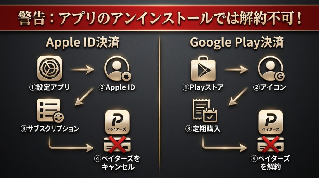 ペイターズのApple IDおよびGoogle Play決済における解約手順。スマートフォンの設定画面からサブスクリプションを解除する流れの解説図。