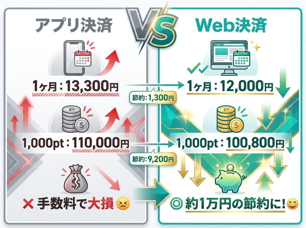 ペイターズのアプリ決済とWeb決済の料金比較表。Web決済を利用することで月額料金やポイント購入費が最大約1万円安くなることを示している。