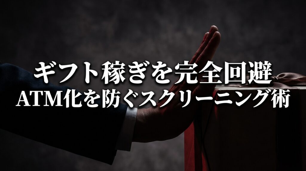 プレゼントボックスを制止するダークスーツの男性の手元。ペイターズで女性のギフト稼ぎを回避し、ATM化を防ぐためのスクリーニング術を解説する見出し画像。