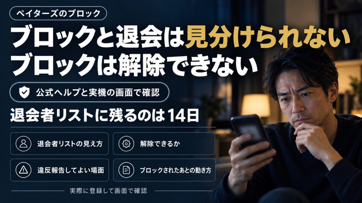 夜の部屋でスマホのメッセージ一覧を見つめる男性と「ブロックと退会は見分けられない」「ブロックは解除できない」の文字。退会者リストの見え方・解除できるか・違反報告してよい場面・ブロックされたあとの動き方