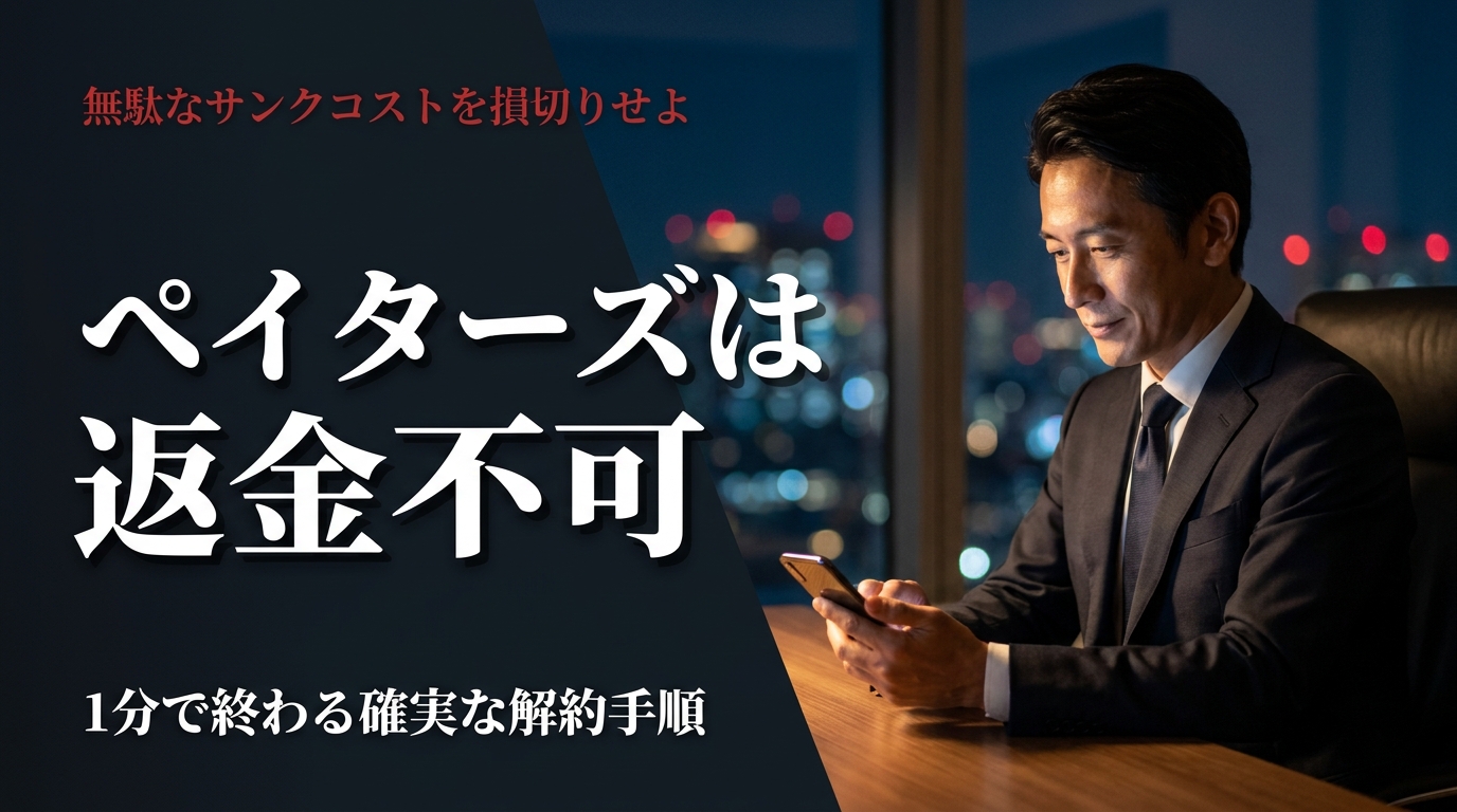 スマートフォンを見つめるダークスーツの男性。ペイターズは返金不可という結論と、確実な解約手順を解説する記事のアイキャッチ画像。