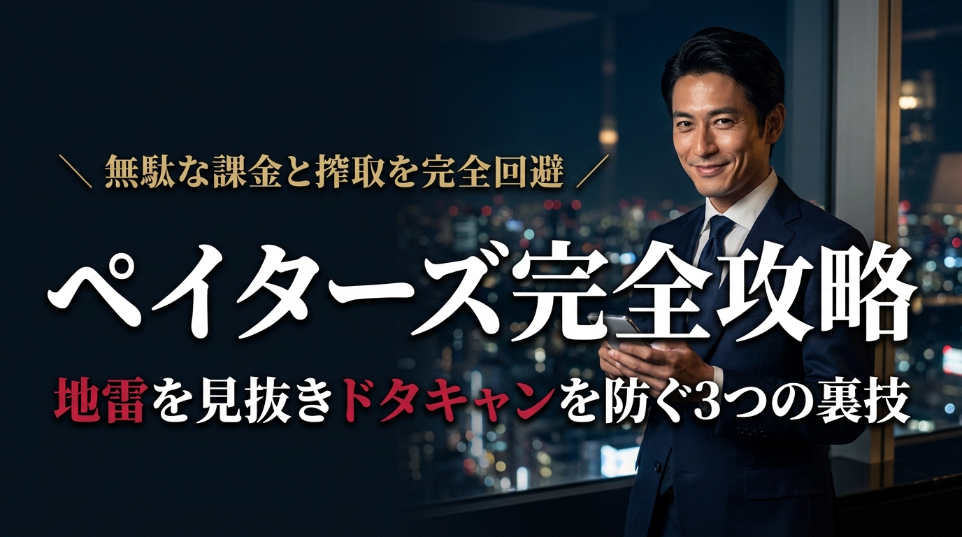 夜の高級バーでスマートフォンを操作するスーツ姿の男性。ペイターズで地雷を見抜きドタキャンを防ぐ使い方を解説する記事のアイキャッチ画像。