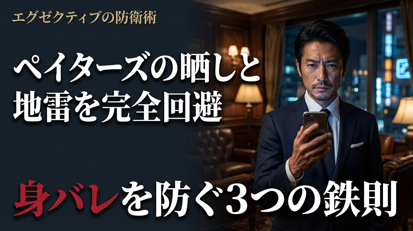 薄暗い高級バーでスマートフォンを見つめるダークスーツの男性。ペイターズの晒し掲示板と地雷を回避し、身バレを防ぐ鉄則を解説する記事のアイキャッチ画像。