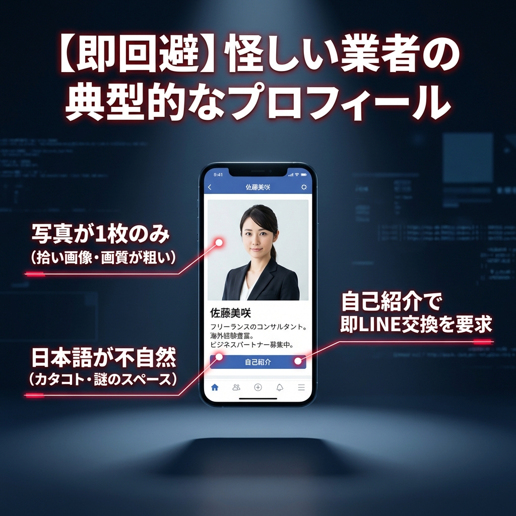 ペイターズに潜む業者の典型的なプロフィール画面のサンプル。不自然な日本語や画質の粗い写真など、注意すべき特徴を赤字で解説している。