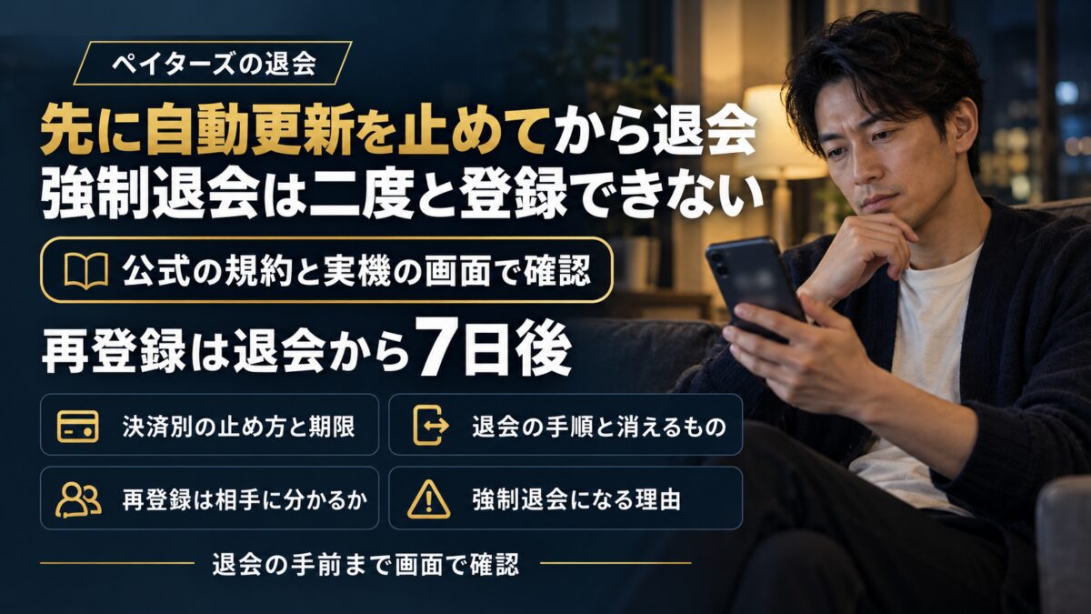 スマホで契約を確かめる男性と「先に自動更新を止めてから退会」「強制退会は二度と登録できない」の文字。決済別の止め方と期限・退会の手順と消えるもの・再登録は相手に分かるか・強制退会になる理由